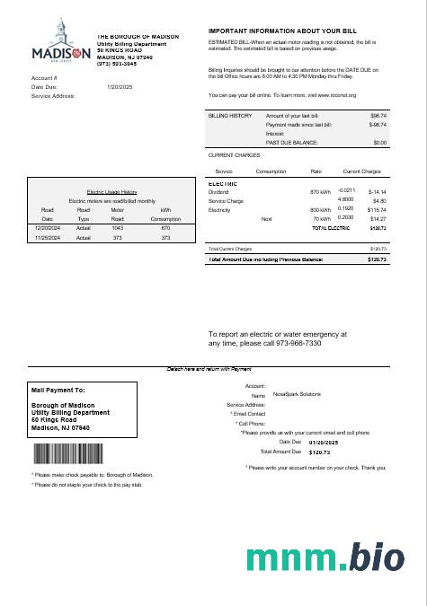 USA New Jersey Borough of Madison rachunek za usługi komunalne szablon w formacie Word i PDF